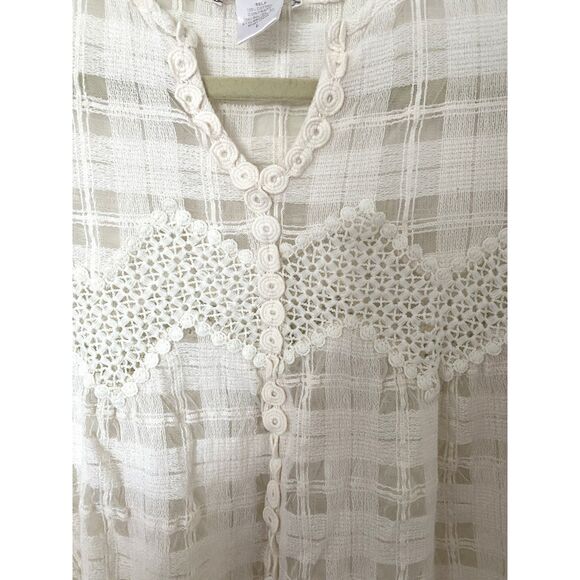 Esley Cream Cotton Lace Sheer 3/4 Sleeve Feminine Summer Pullover Top Blouse L - Picture 5 of 9